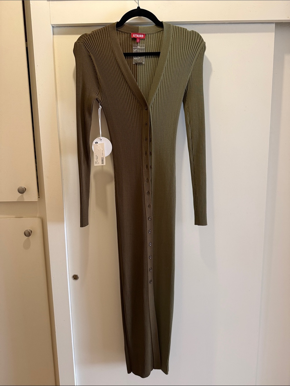 STAUD Olive Green Ribbed Button-Front Maxi Dress